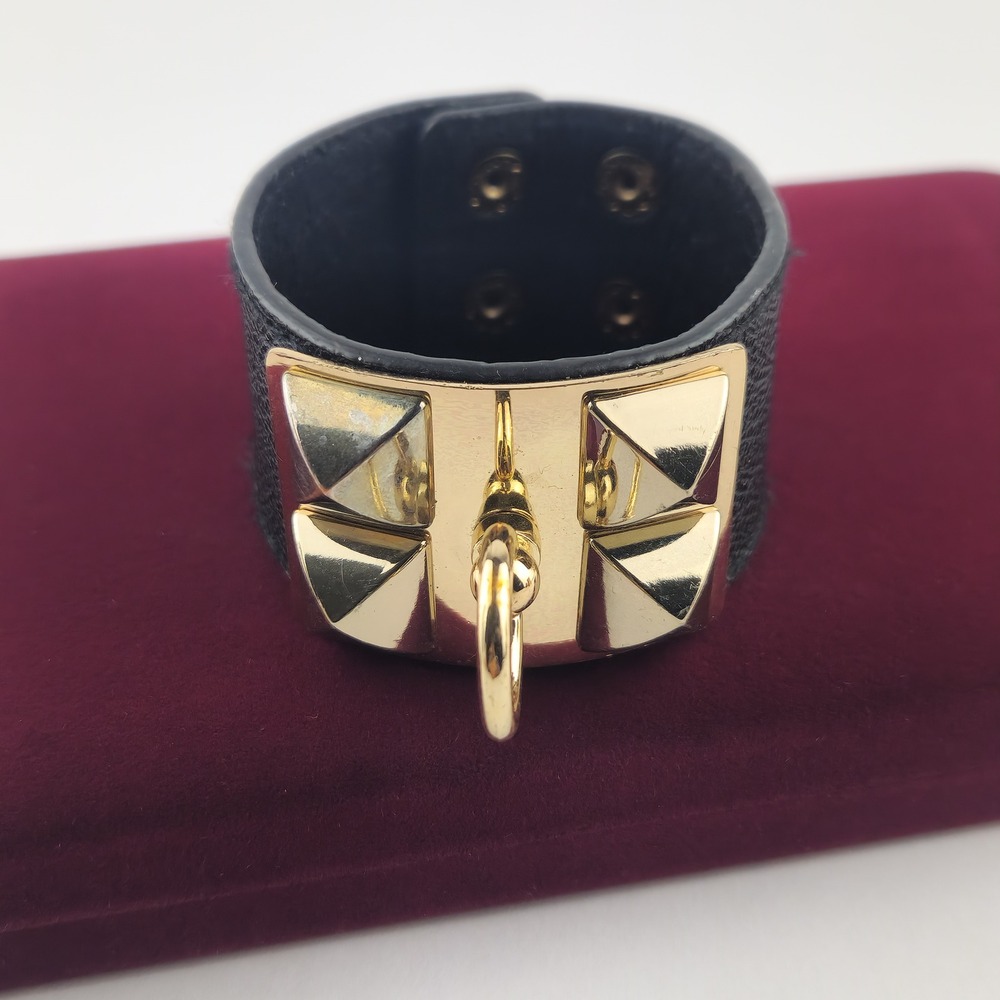 Black Faux Leather Gold Tone Pyramid Stud O Ring Wide Cuff Bracelet Adjustable